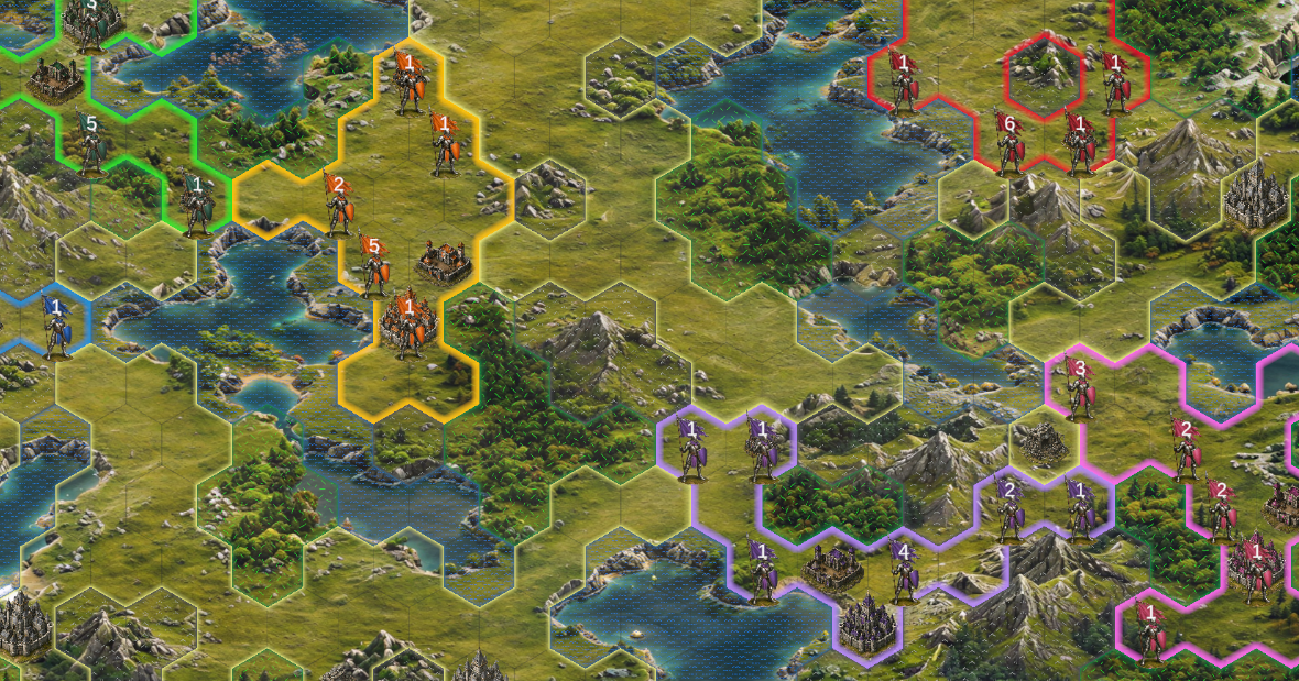 Vorgar: Fields of War gameplay map with colored player territories and armies